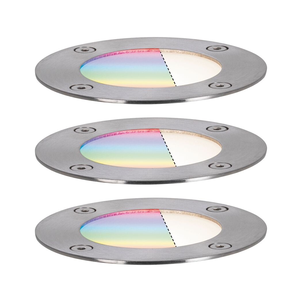 Drei runde, flache, silberfarbene Bodeneinbauleuchten mit bunten LEDs.
