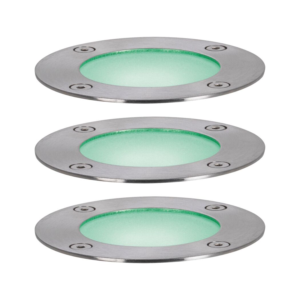 Drei runde LED-Bodenleuchten mit grünem Licht
