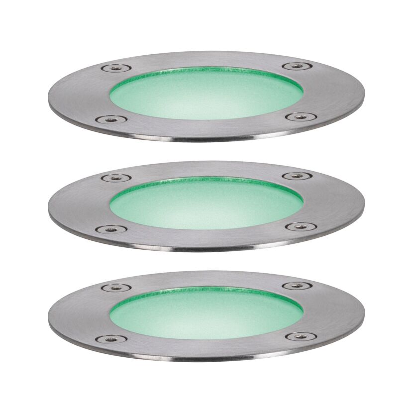 Drei runde LED-Bodenleuchten mit grünem Licht