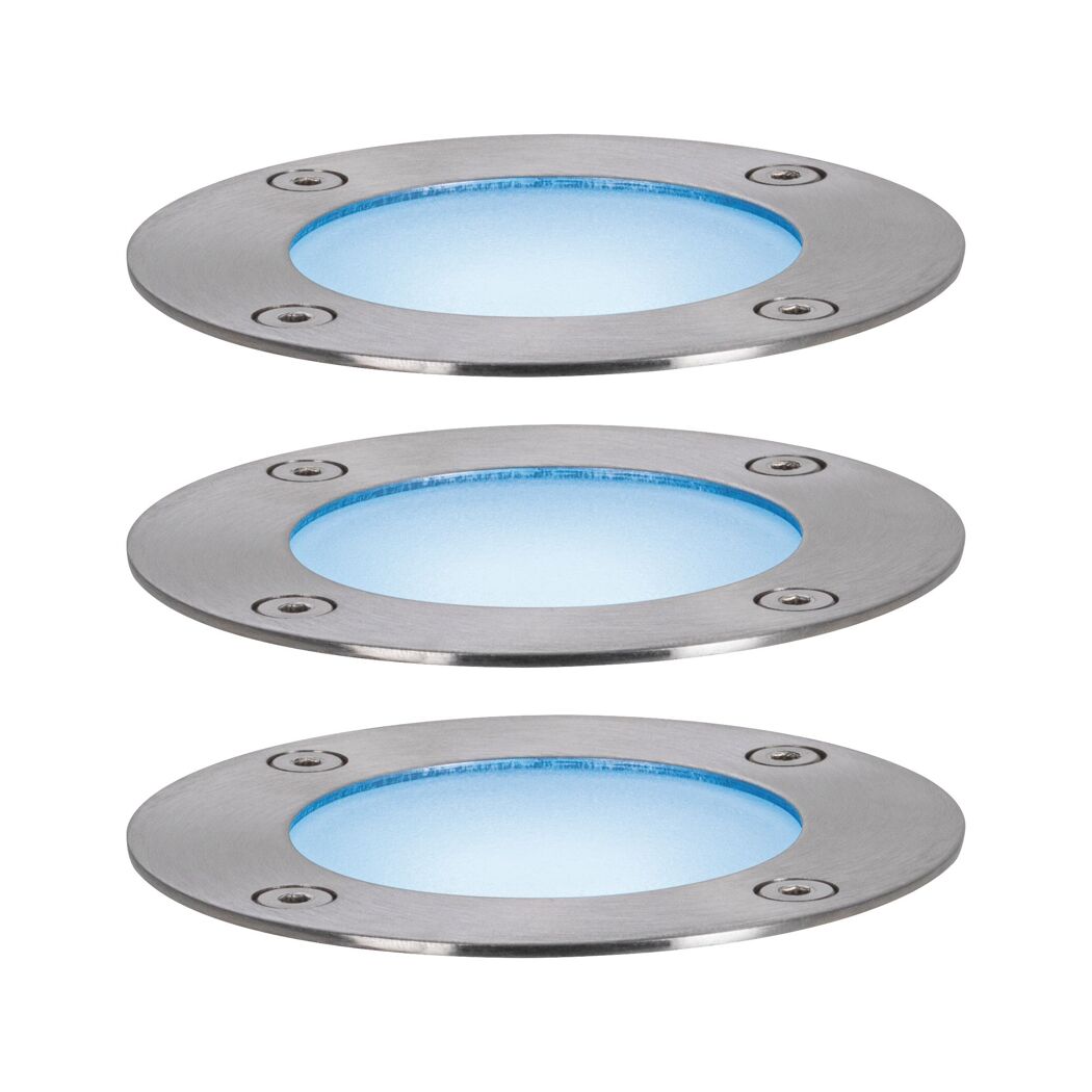 Drei runde, flache, silberfarbene LED-Bodenleuchten mit blauem Licht.