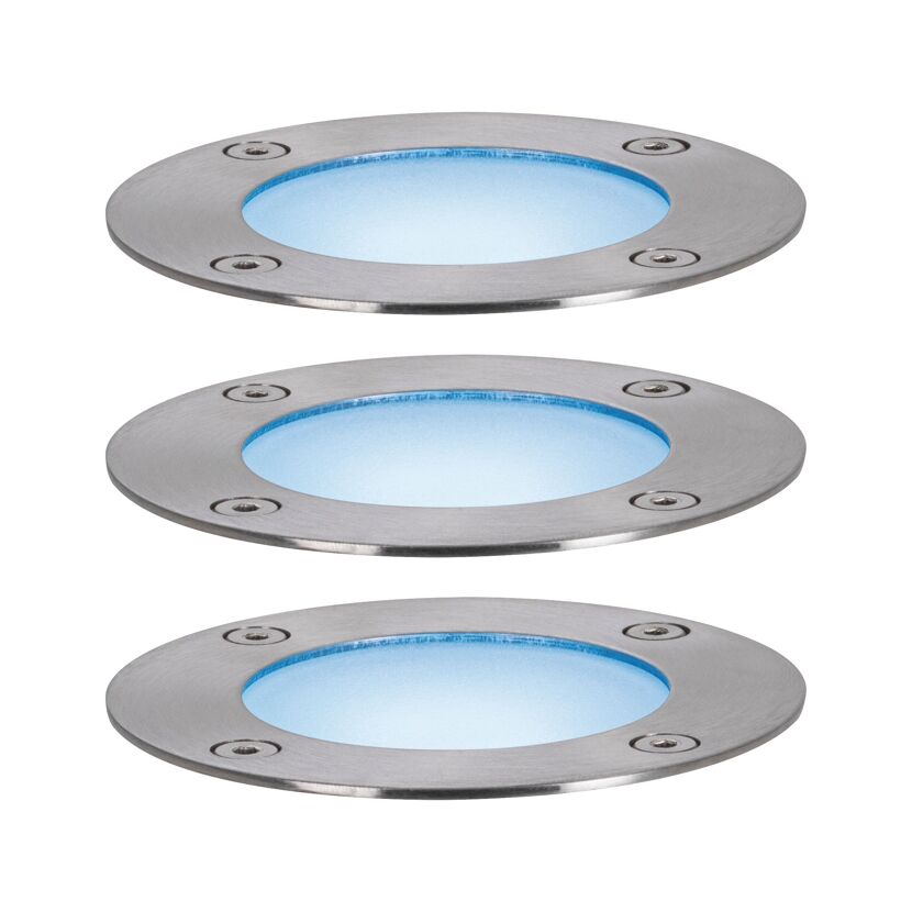 Drei runde, flache, silberfarbene LED-Bodenleuchten mit blauem Licht.