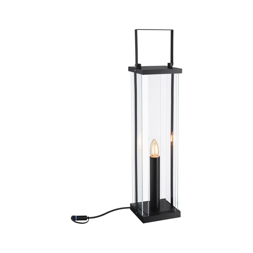 Schwarze Laterne P&S classic Lantern IP44 mit eingeschaltetem Leuchtmittel