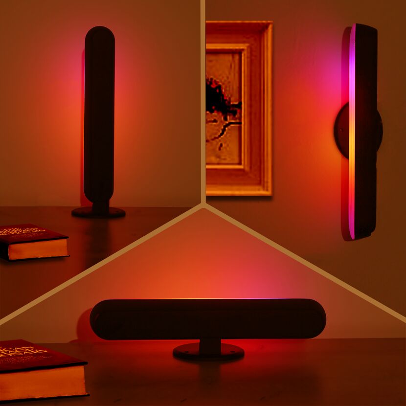 Drei Darstellungen einer schwarzen LED-Lightbar mit Farbverlauf von rot zu violett.