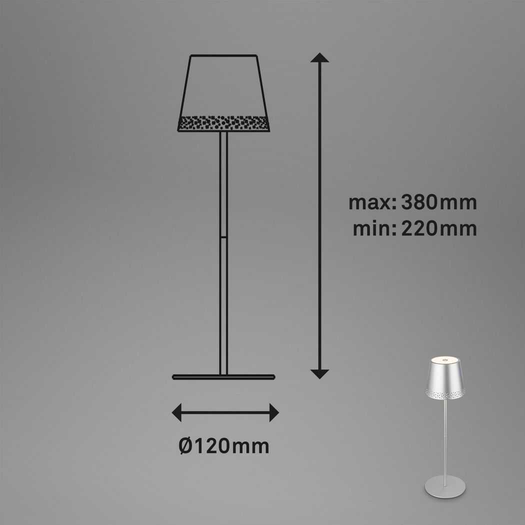 Akku Tischleuchte USB chrom-matt mit Maßen