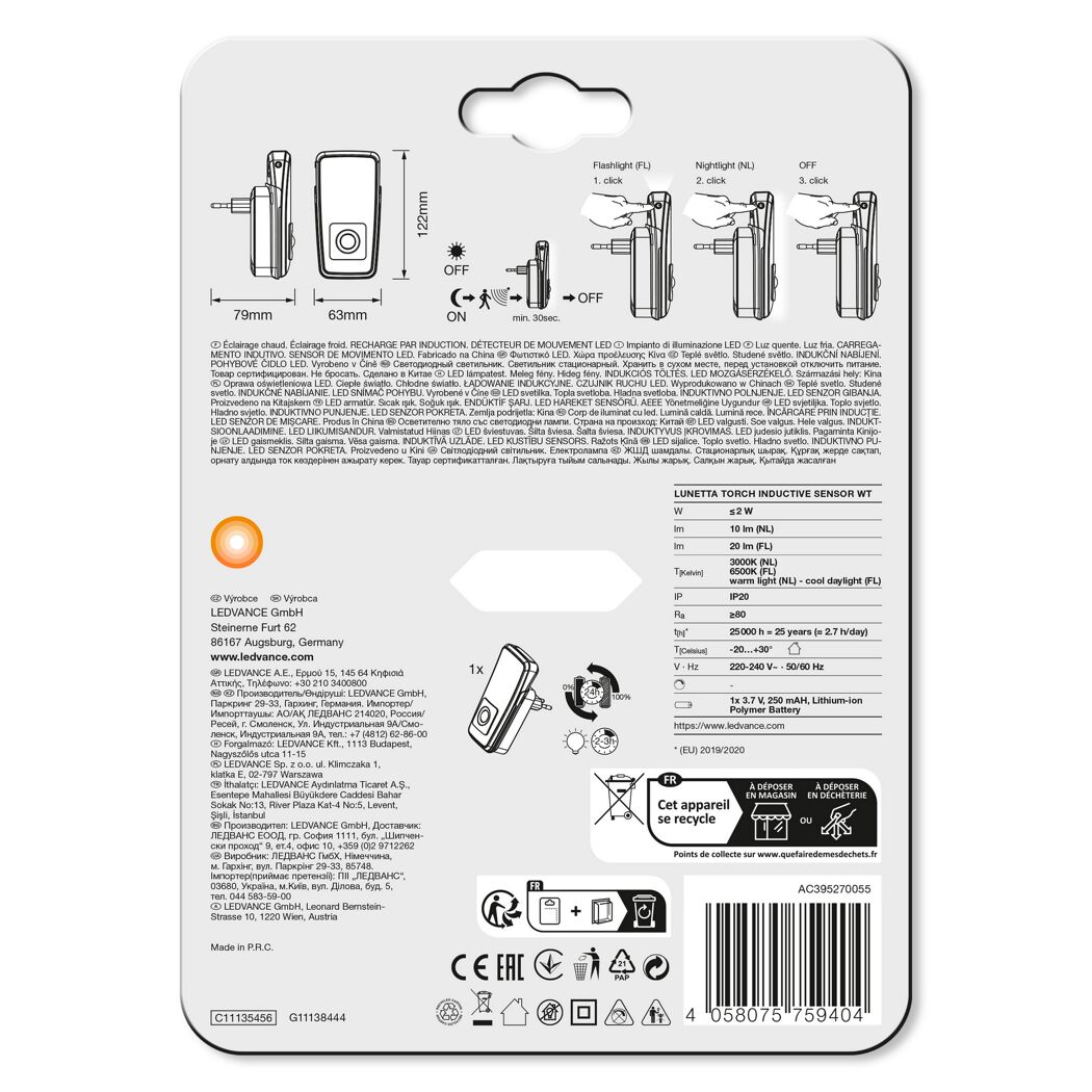 LED-Nachtlicht 'Lunetta Torch' weiß integrierte Taschenlampe Bewegungssensor 63 x 79 x 122 mm