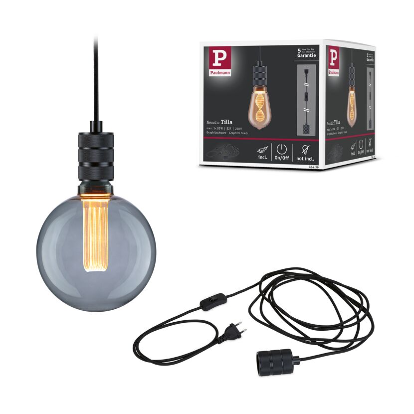 Pendelleuchte 'Tilla' E27 maximal 20 W incl Stecker Graphitschwarz