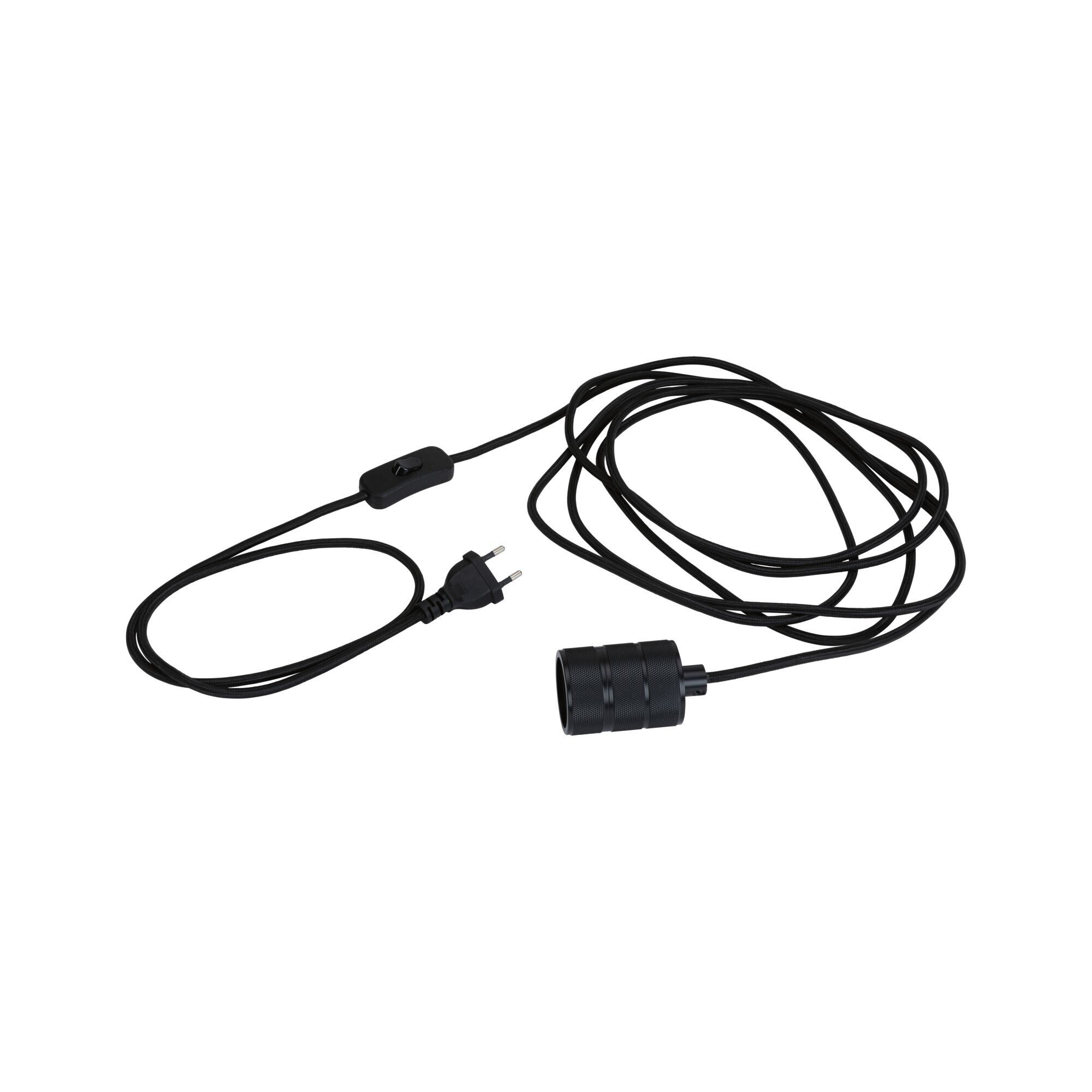 Schwarzes Textilkabel mit Fassung und Schalter