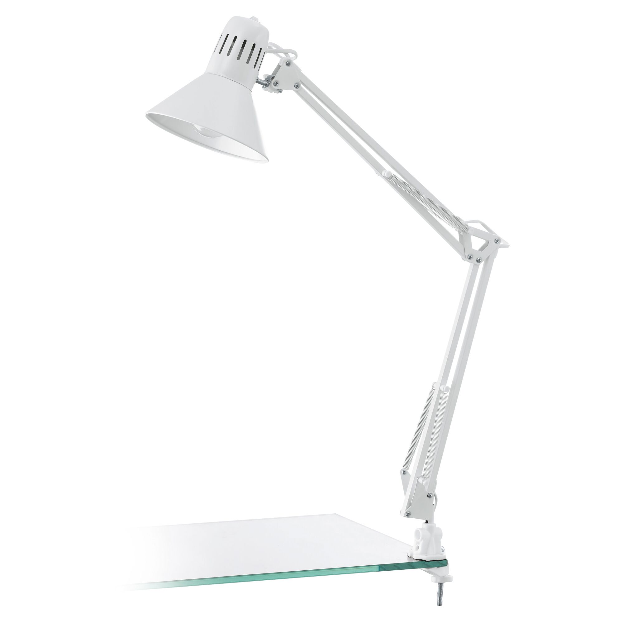 Weiße Klemmleuchte Firmo an Glasplatte montiert