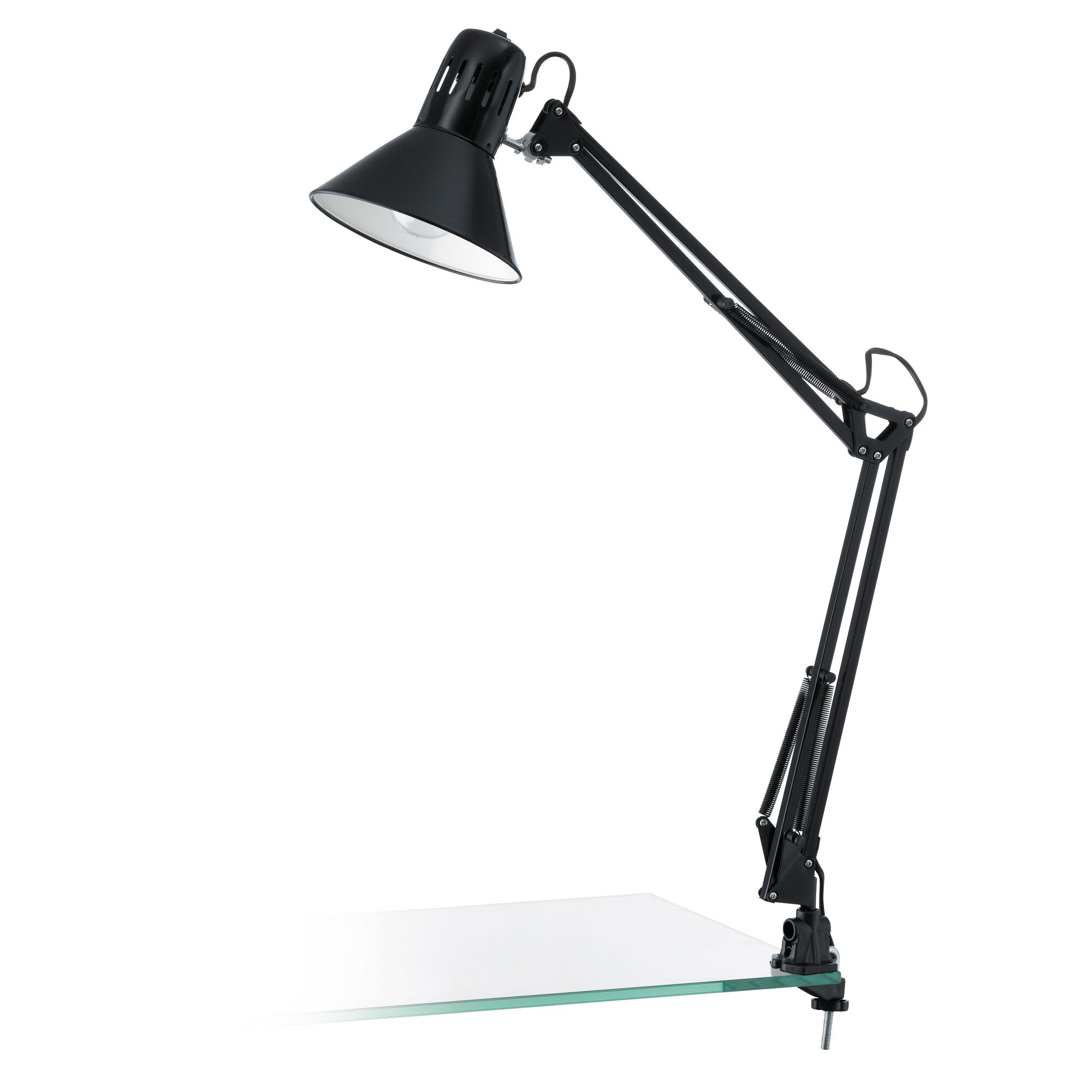 Schwarze Tischleuchte Firmo an Glasplatte montiert