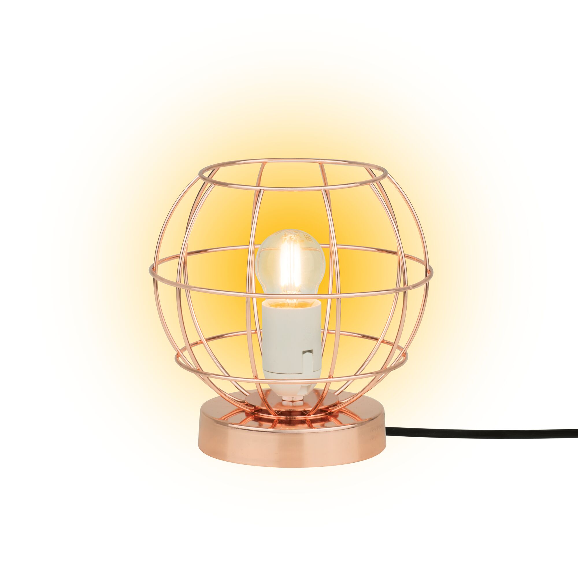 Kupferfarbene Tischleuchte mit rundem Drahtkäfig.