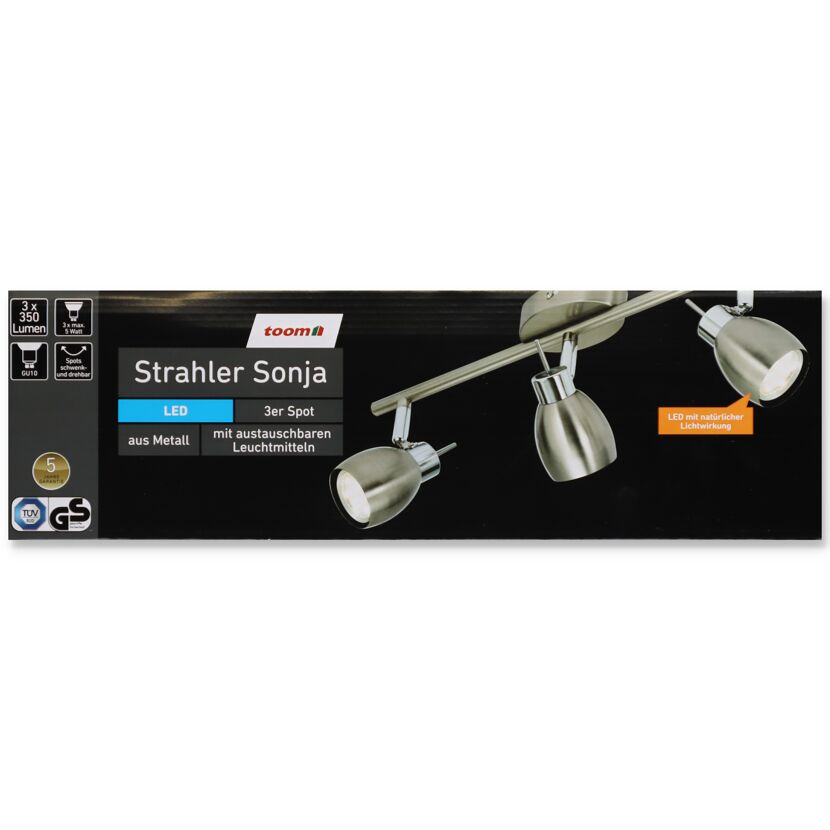 Verpackung des LED-Strahlers Sonja, 3er-Spot, Metall