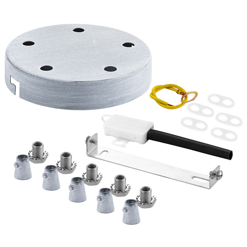 Einzelteile eines Lampenbaldachins aus Metall und Beton