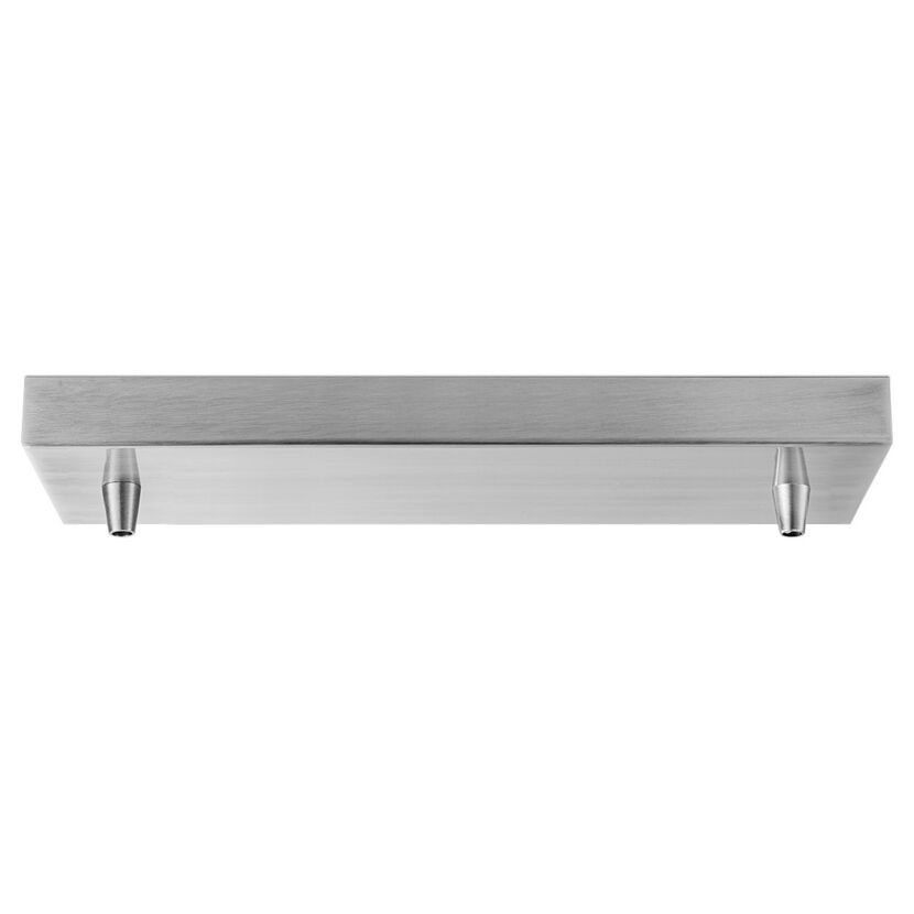 Flacher, rechteckiger Lampenbaldachin aus mattstahlfarbenem Metall.