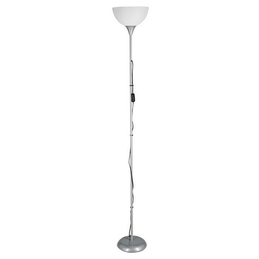 Silberne LED-Stehleuchte mit weißem Lampenschirm