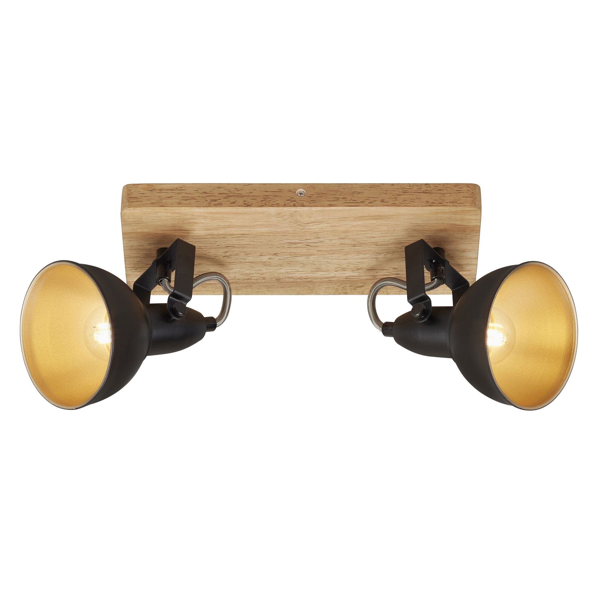 Zwei schwarze Strahler mit goldenen Reflektoren an einem Holzbalken.