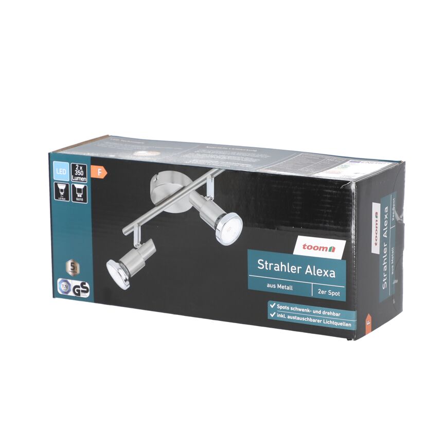 Verpackung des Toom LED-Strahlers Alexa, 2er-Spot