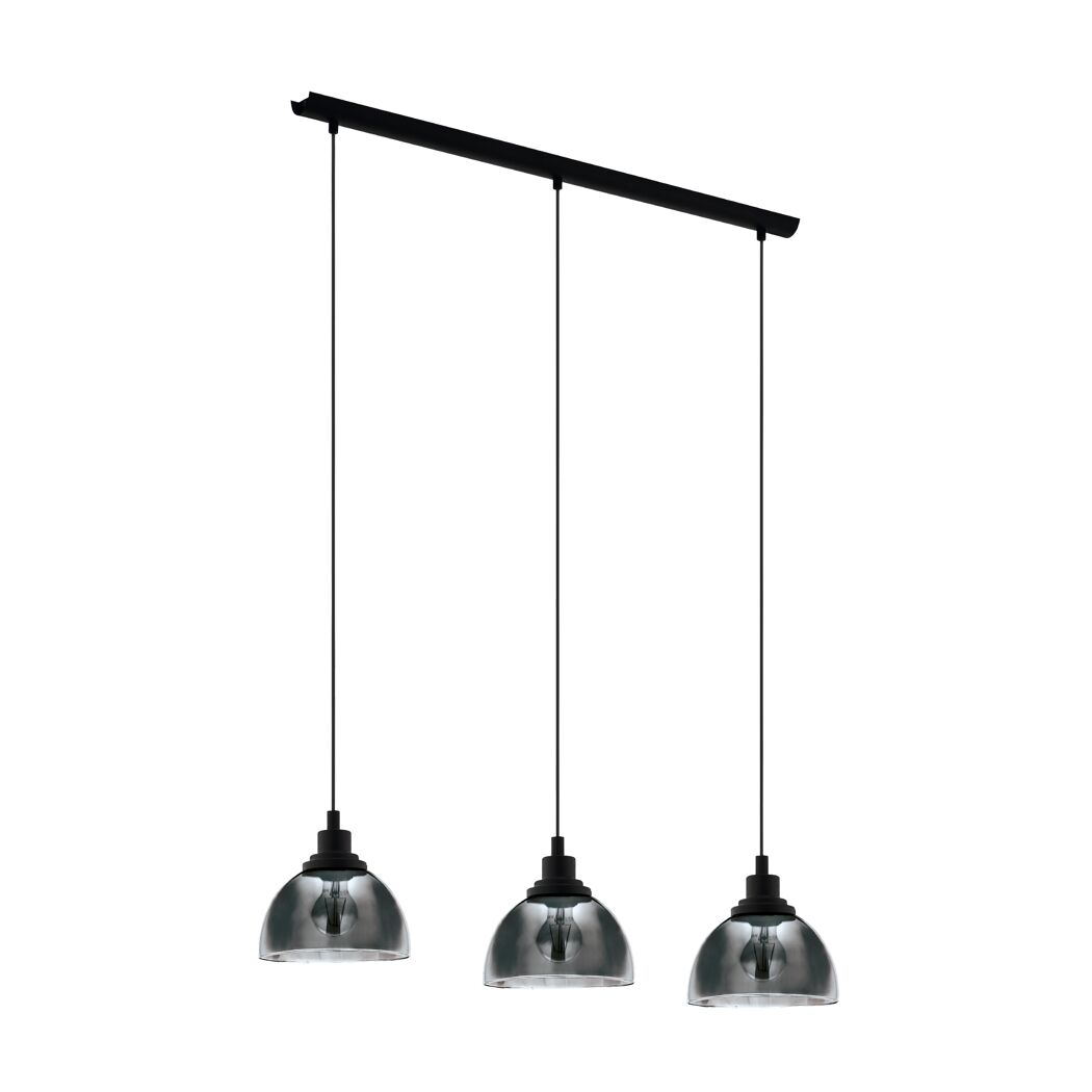 Drei schwarze Hängelampen mit rauchigen Glasschirmen.