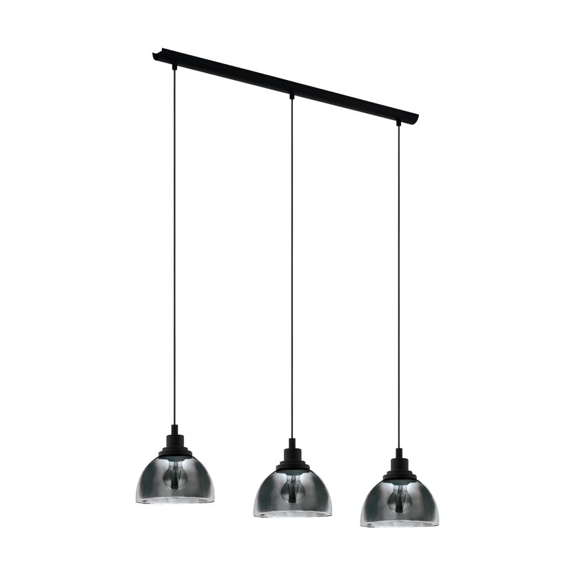 Drei schwarze Hängelampen mit rauchigen Glasschirmen.