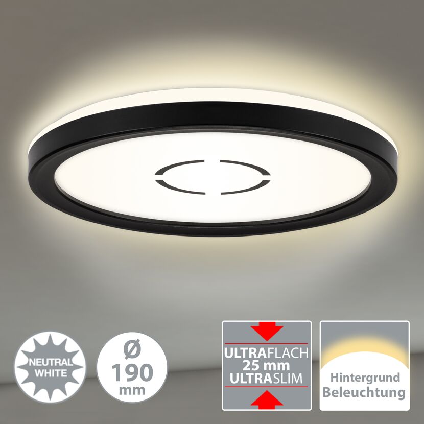 runde, schwarze LED-Deckenleuchte mit Hintergrundbeleuchtung