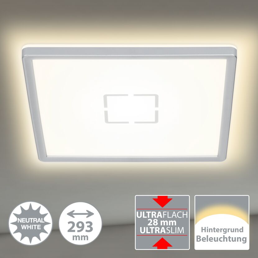 Ultraflache LED-Deckenleuchte, quadratisch, silberfarben, inkl. Hintergrundbeleuchtung