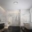 Modernes Badezimmer mit Marmorfliesen und Badewanne.