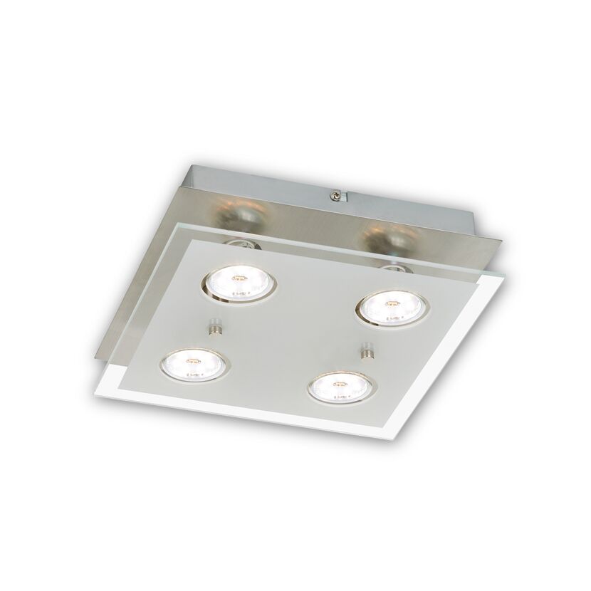 Vier LED-Spots an einer weißen quadratischen Deckenleuchte.