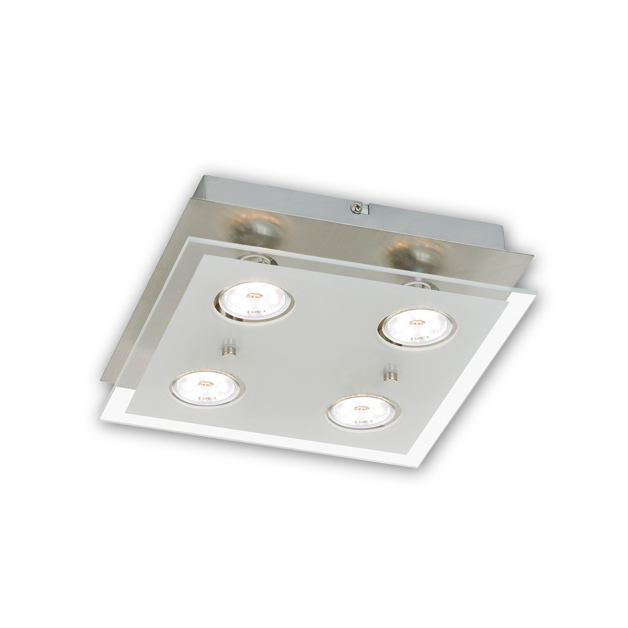 Vier LED-Spots an einer weißen quadratischen Deckenleuchte.