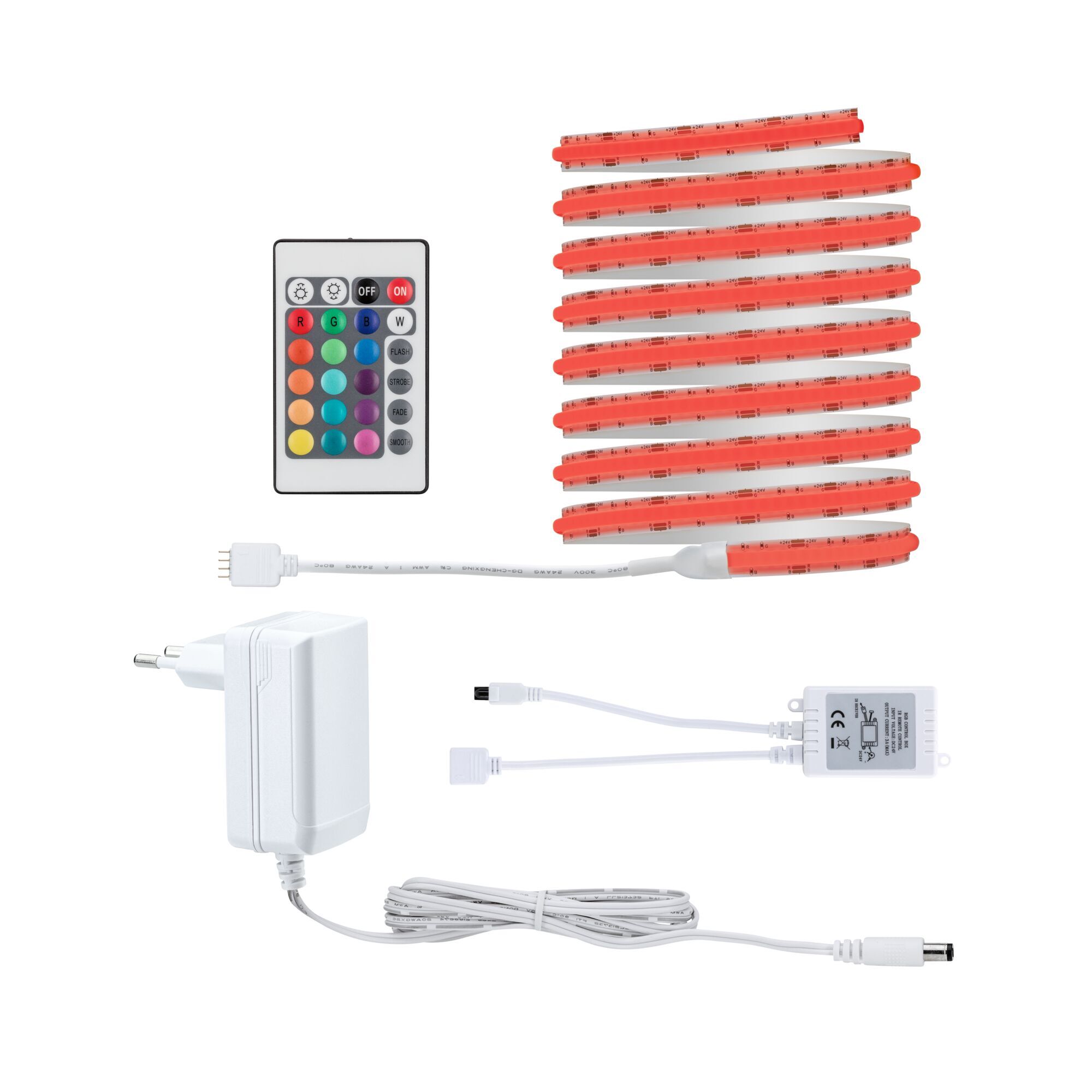 LED Streifen mit Fernbedienung, Netzteil und Verbindungskabeln.