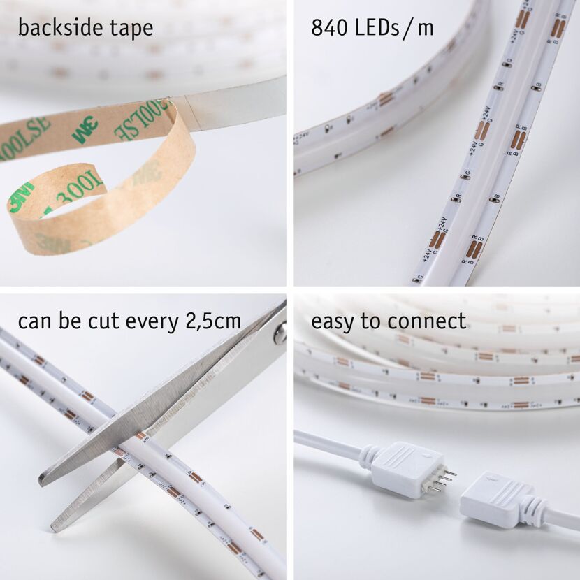 LED-Streifen mit Klebeband, Schere und Stecker