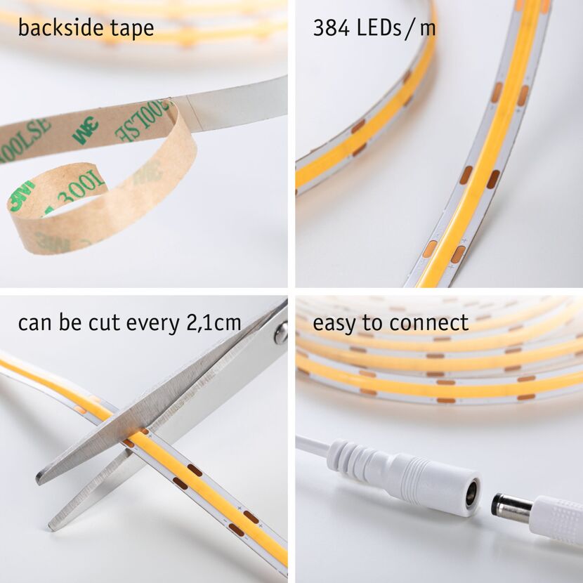 LED-Streifen mit Klebeband, Schere und Stecker