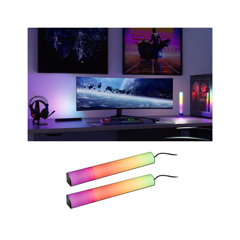 Zwei LED Lightbars beleuchten einen Gaming-Schreibtisch.
