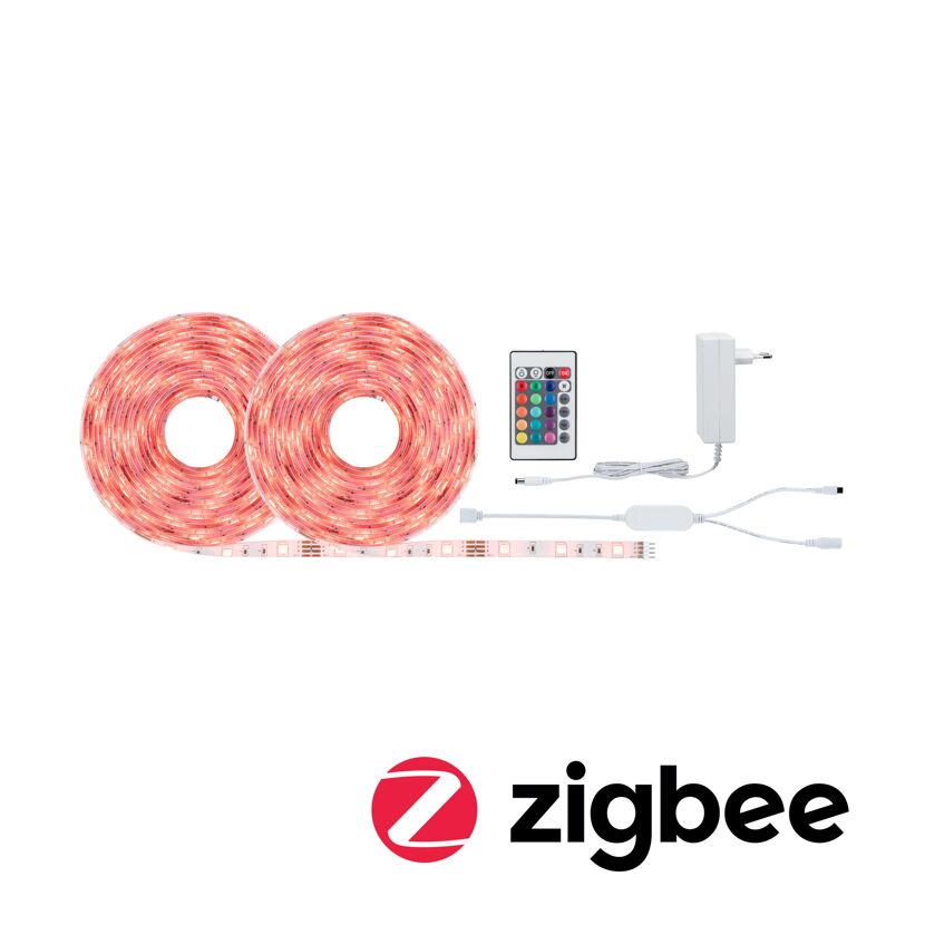 Zwei Rollen LED-Strip, Netzteil, Fernbedienung und ein Zwischenstecker