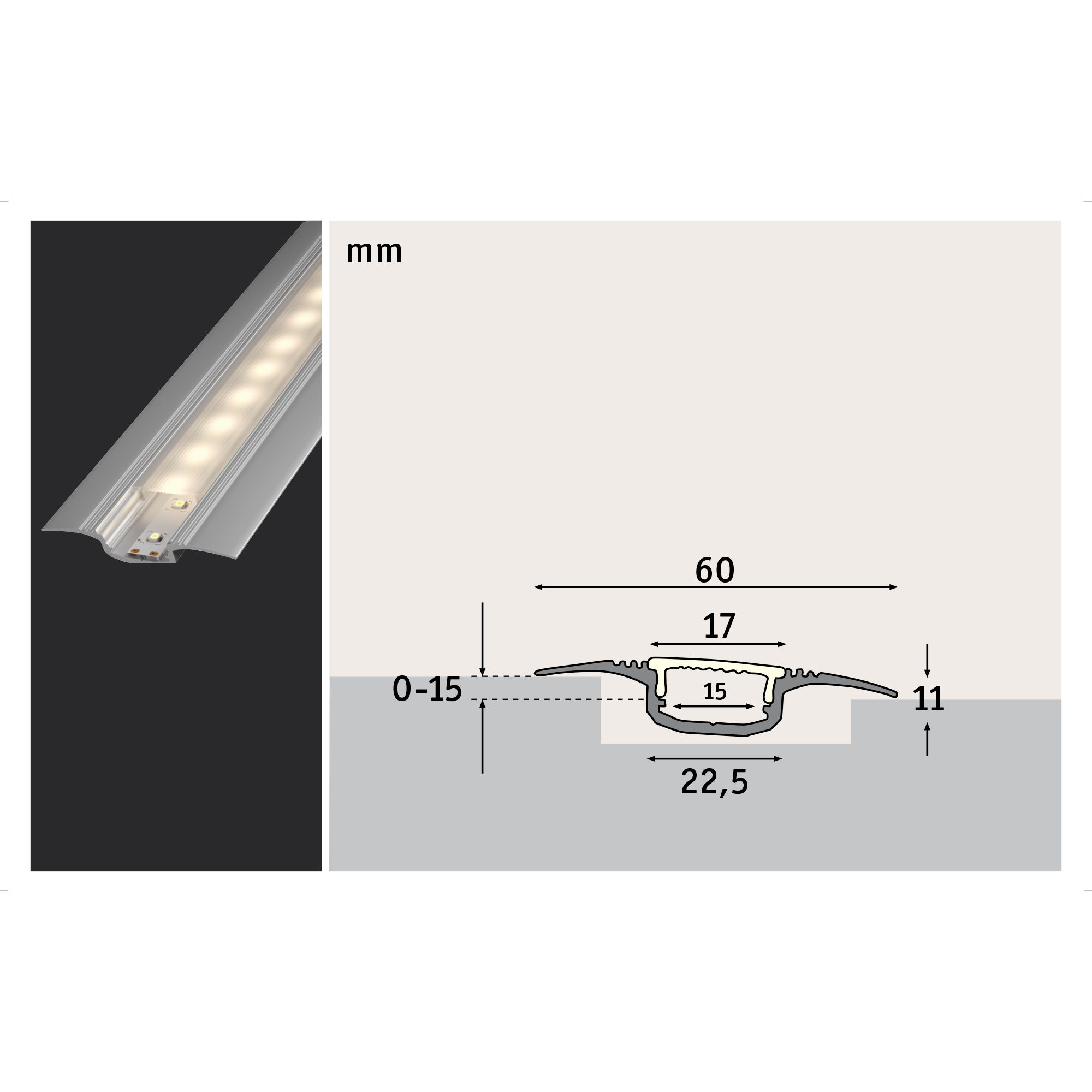 Einbauprofil 'Step' 1 m mit satiniertem Diffusor Aluminium/eloxiert + product picture