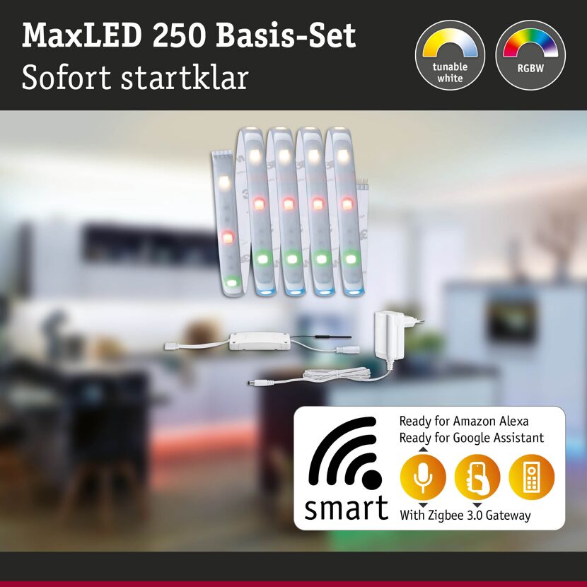 LED-Strip 'MaxLED 250 Zigbee 3.0 RGBW Basisset' 1,5 m 9 W beschichtet silber