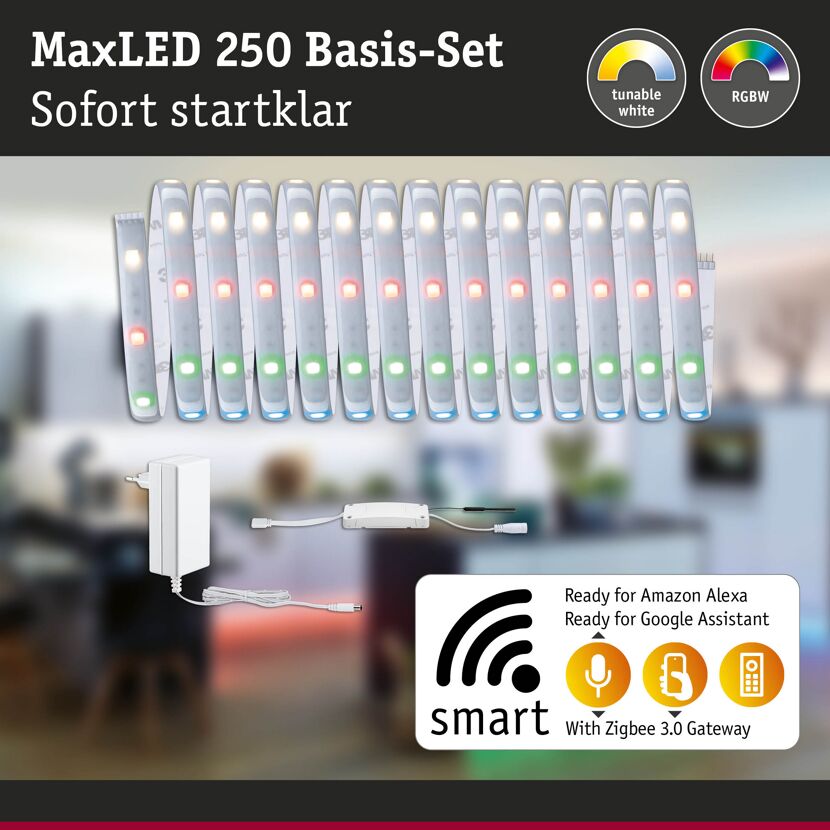 LED-Strip 'MaxLED 250 Zigbee 3.0 RGBW Basisset' 5 m 22 W beschichtet silber