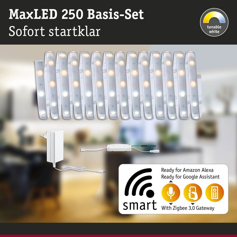 LED-Strip 'MaxLED 250 Zigbee 3.0 Tuneable White Basisset' 5 m 18 W beschichtet silber