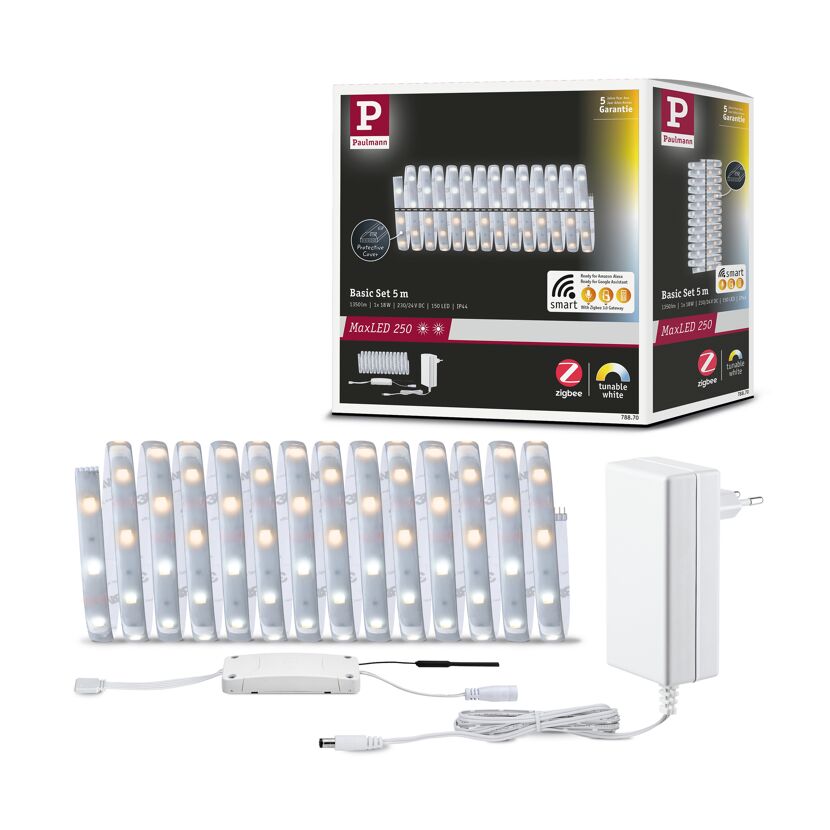 LED-Strip 'MaxLED 250 Zigbee 3.0 Tuneable White Basisset' 5 m 18 W beschichtet silber