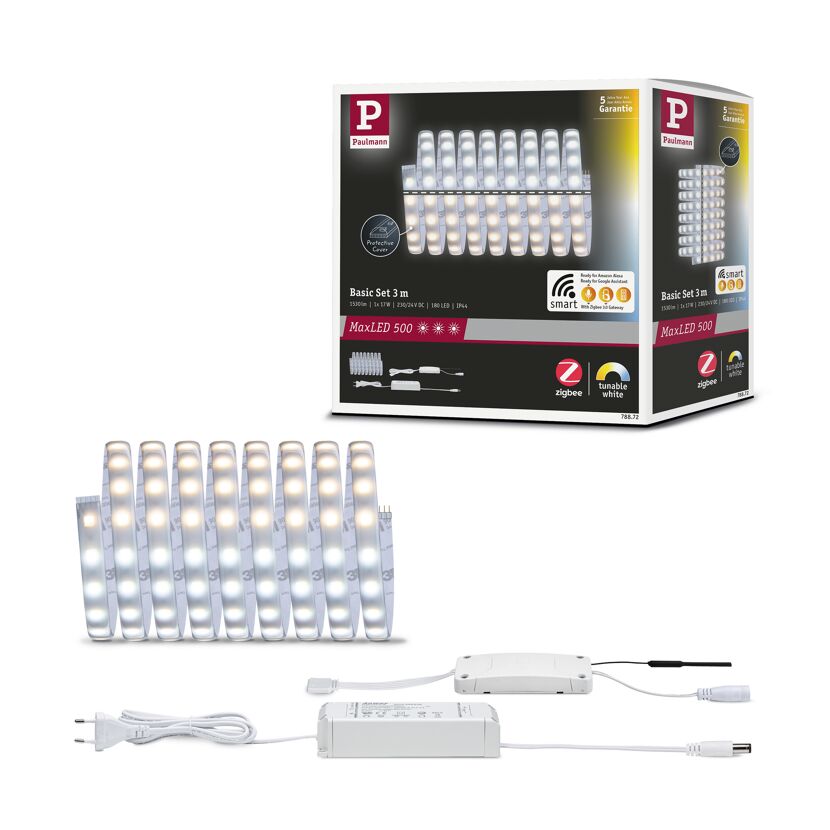 LED-Strip 'MaxLED 500 Zigbee 3.0 Tuneable White Basisset' 3 m 17 W beschichtet silber