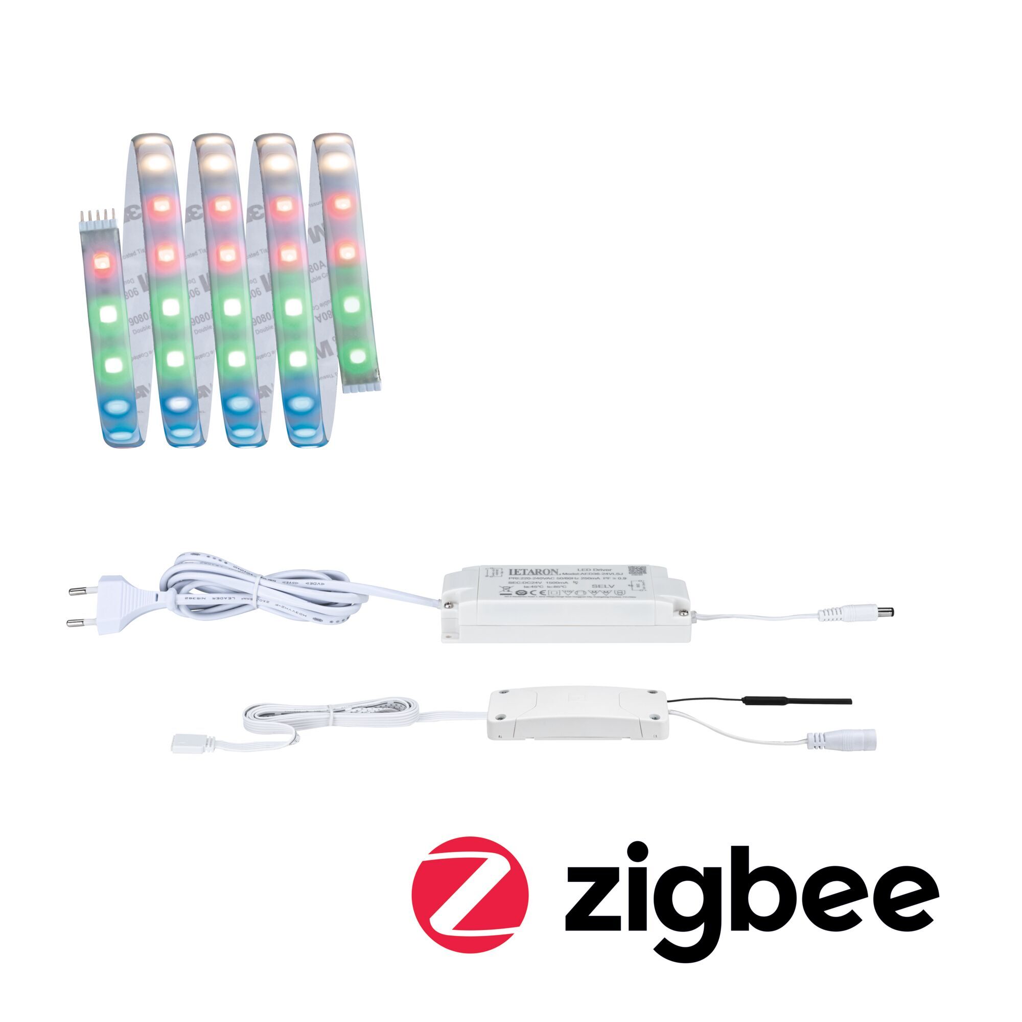LED-Streifen, Netzteil, Controller und Zigbee-Logo