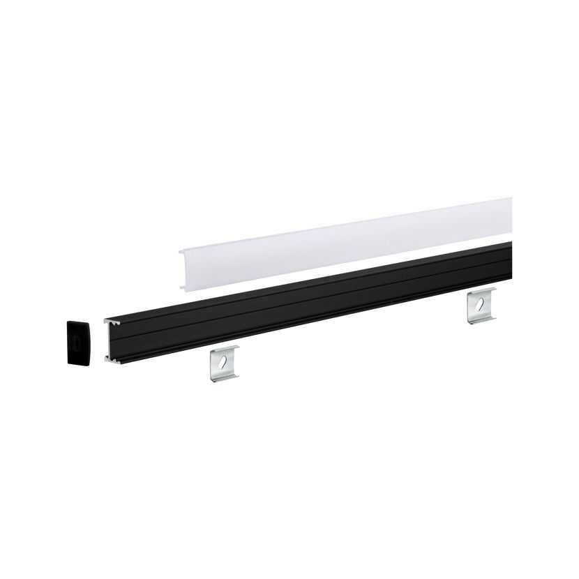 Schwarzes LED-Profil mit weißem Abdeckung und Zubehör