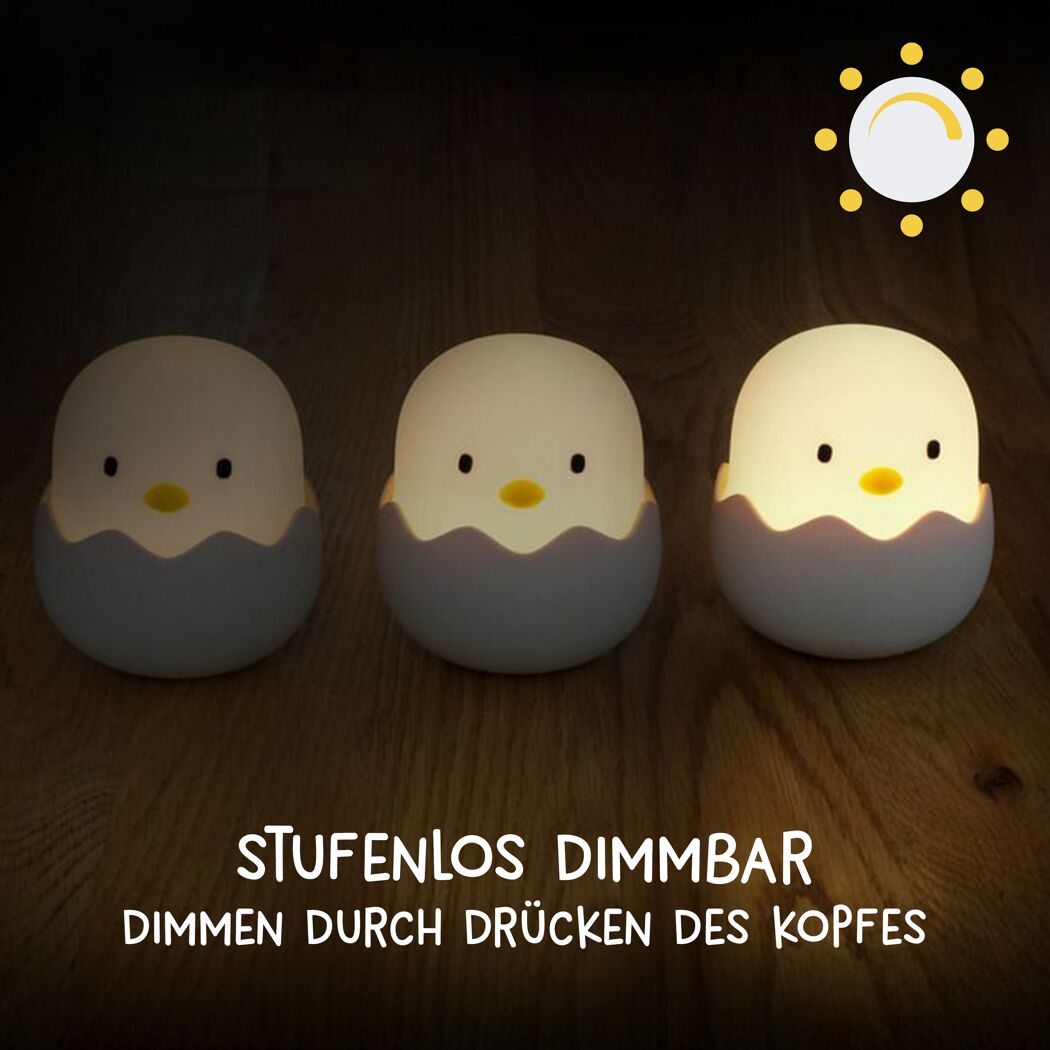 Drei LED-Nachtlichter 'Eggy Egg' zeigen Dimmfunktion.