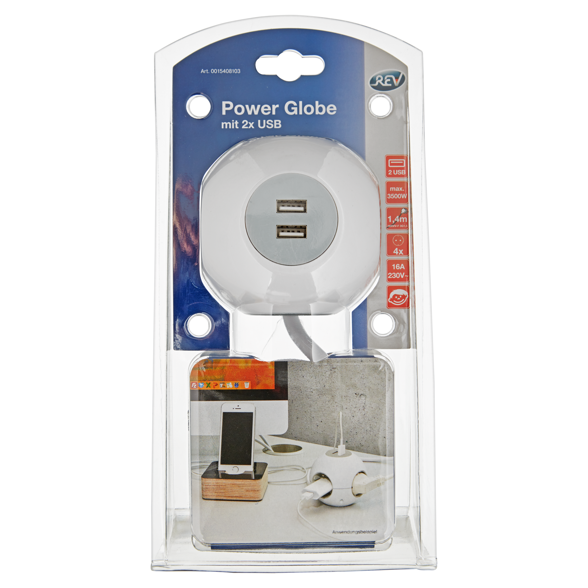 Kugelsteckdose 'Powerglobe' 4-fach + USB weiß/grau + product picture