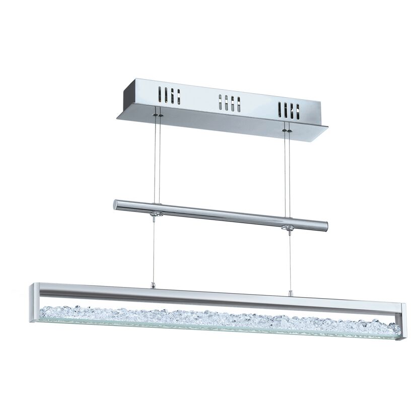 Moderne LED-Hängeleuchte mit Kristallglas, chromfarben.