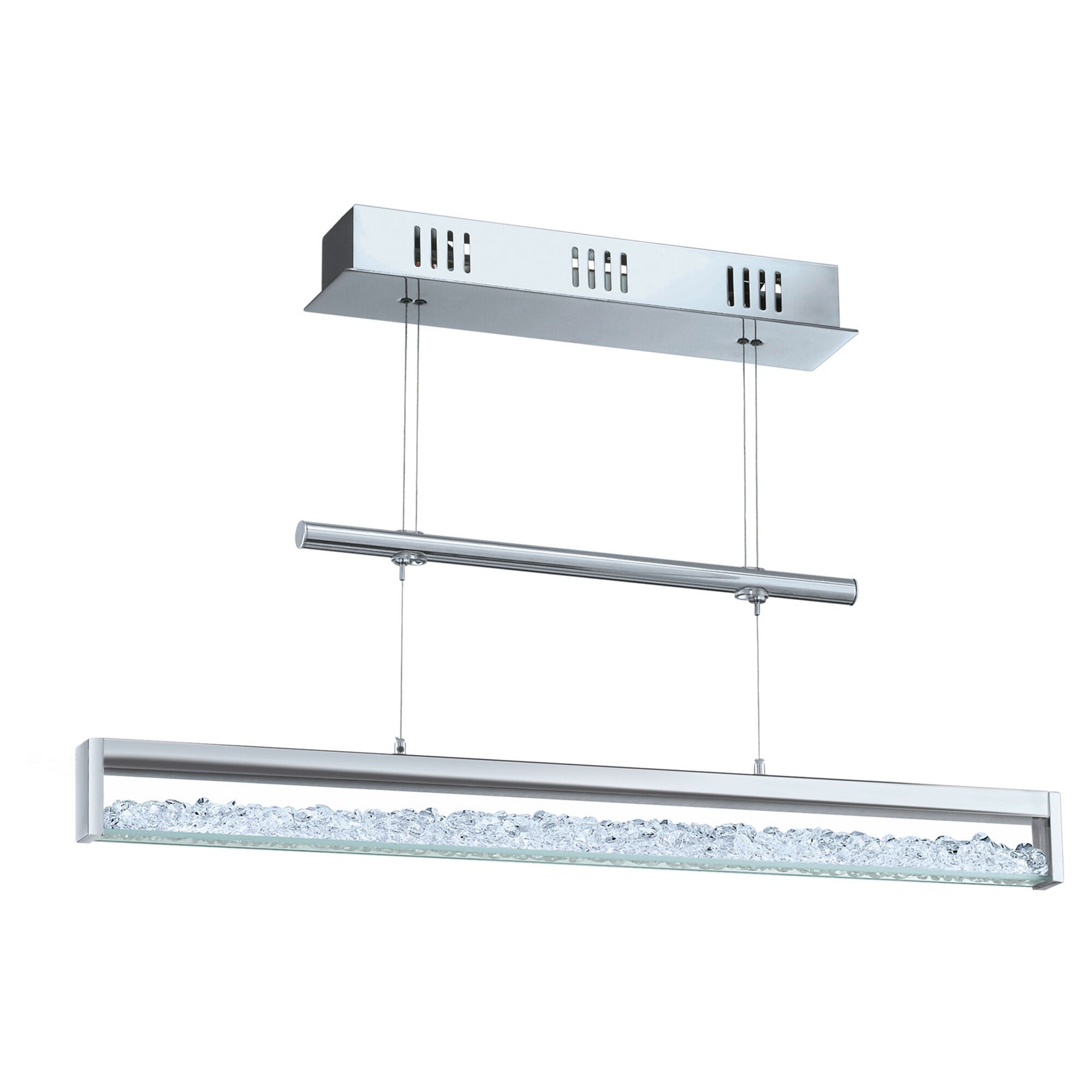 Moderne LED-Hängeleuchte mit Kristallglas, chromfarben.