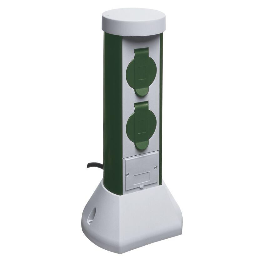 Grüne Steckdosensäule mit zwei Steckdosen und Schutzklappe