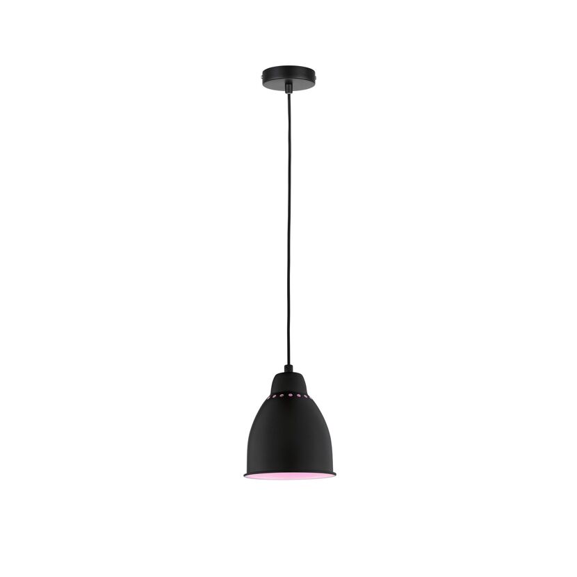 Schwarze Hängelampe mit rosa Innenraum.
