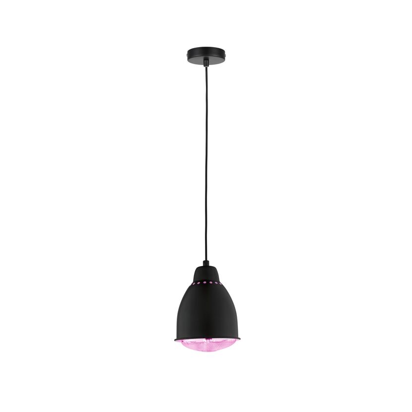 Schwarze Hängelampe mit pinkem Lampenschirm