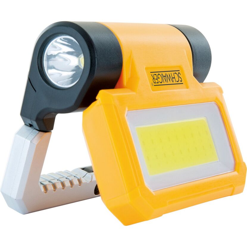 Orange-schwarze LED-Arbeitsleuchte mit Halterung