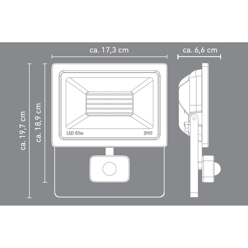 LED Strahler 50W mit Bewegungsmelder und Maßen