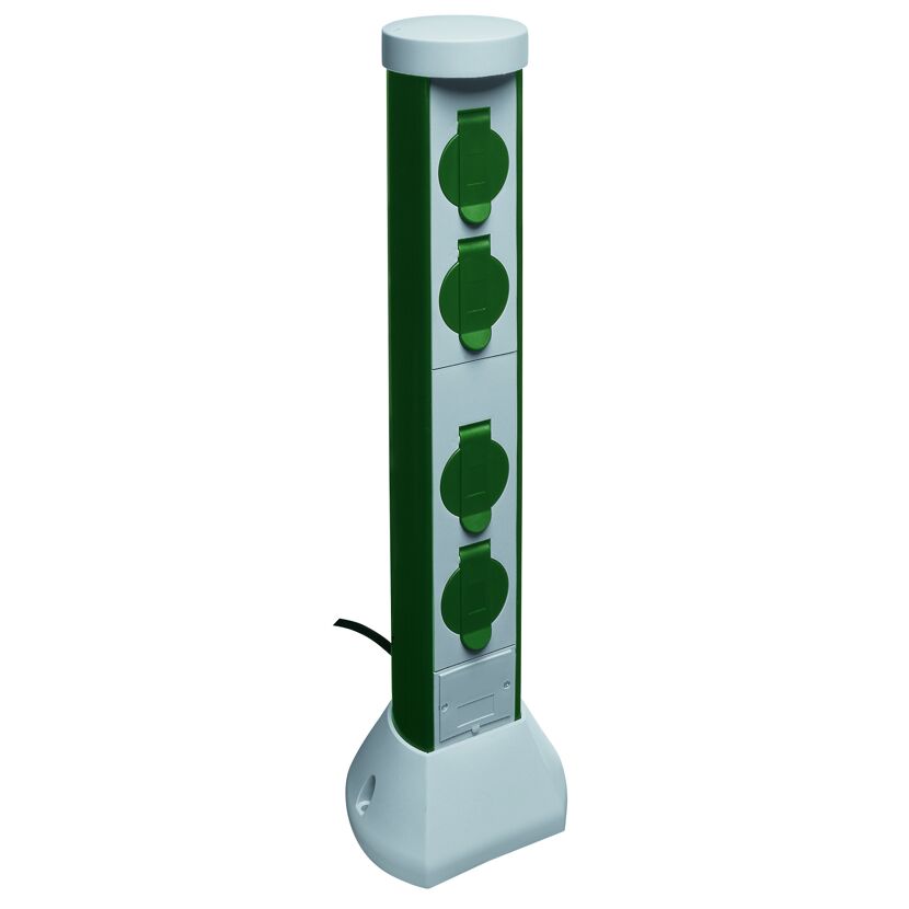 Grüne Steckdosensäule mit vier Steckdosen.